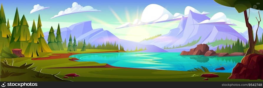 Natural cartoon landscape with rocky mountains and lake, trees and firs on bank, green grass and sunny sky with clouds. Vector summer or spring panorama with forest, peaks and water pond or river.. Natural cartoon landscape with mountains and lake
