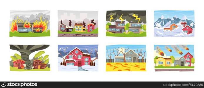 Natural cataclysm. Cartoon houses under natural disasters and extreme weather conditions. Vector isolated set collection destroyed house. Natural cataclysm. Cartoon houses under natural disasters and extreme weather conditions. Vector isolated set