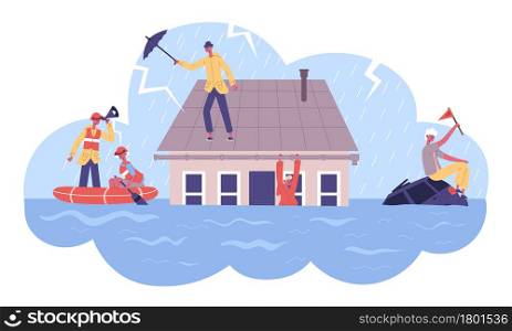 Natural cataclysm disasters flood safeguard rescue boat service. Rescued saved people from flooded house vector illustration. Flood natural disaster rescuers. Water covering land, man on roof. Natural cataclysm disasters flood safeguard rescue boat service. Rescued saved people from flooded house vector illustration. Flood natural disaster rescuers