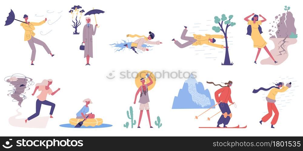 Natural cataclysm disasters, flood, snowfall, stormy wind. People hit in extreme cataclysm disasters, flood, hurricane, snowfall and rain storm vector illustration set. Drought and earthquake damaging. Natural cataclysm disasters, flood, snowfall, stormy wind. People hit in extreme cataclysm disasters, flood, hurricane, snowfall and rain storm vector illustration set