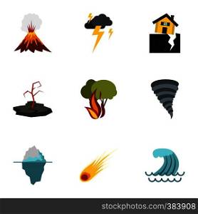 Natural cataclysm icons set. Flat illustration of 9 natural cataclysm vector icons for web. Natural cataclysm icons set, flat style