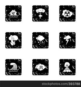 Natural cataclysm icons set. Grunge illustration of 9 natural cataclysm vector icons for web. Natural cataclysm icons set, grunge style