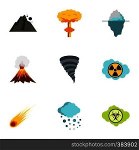 Natural catastrophe icons set. Flat illustration of 9 natural catastrophe vector icons for web. Natural catastrophe icons set, flat style