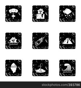 Natural catastrophe icons set. Grunge illustration of 9 natural catastrophe vector icons for web. Natural catastrophe icons set, grunge style