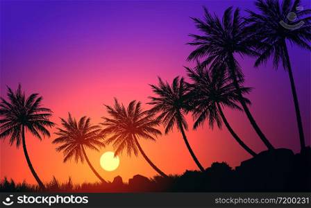 Natural Coconut trees. Mountains horizon hills. Silhouettes of palm trees and hills. Sunrise and sunset. Landscape wallpaper. Illustration vector style. Colorful view background.