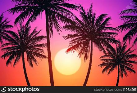 Natural Coconut trees mountains horizon hills silhouettes of trees and hills in the evening Sunrise and sunset Landscape wallpaper Illustration vector style Colorful view background