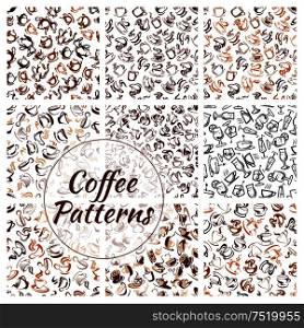 Natural coffee drinks seamless pattern set of brown coffee cup, mug and pot, saucer and spoon, decorated by coffee beans and swirling steam on white background. Natural coffee drinks seamless pattern set