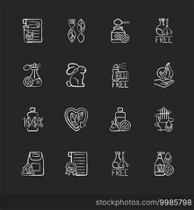 Natural cosmetic chalk white icons set on black background. Creation of cosmetics without harmful chemical additives. Ecofriendly movement Silhouette symbols. Isolated vector chalkboard illustrations. Natural cosmetic chalk white icons set on black background