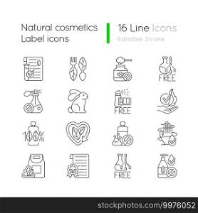 Natural cosmetic linear icons set. Eco movement. Harmful chemical additives. Silhouette symbols. Customizable thin line contour symbols. Isolated vector outline illustrations. Editable stroke. Natural cosmetic linear icons set