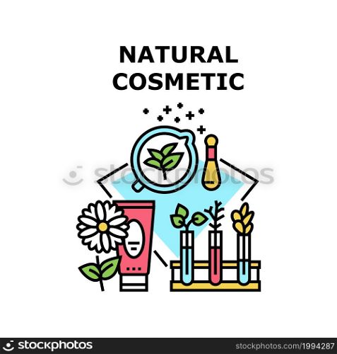Natural Cosmetic Vector Icon Concept. Natural Cosmetic Prepared From Eco Clean Vitamin Ingredient, Aromatic Flower And Growing Nature Plant For Preparing Bio Cosmetology Product Color Illustration. Natural Cosmetic Vector Concept Color Illustration