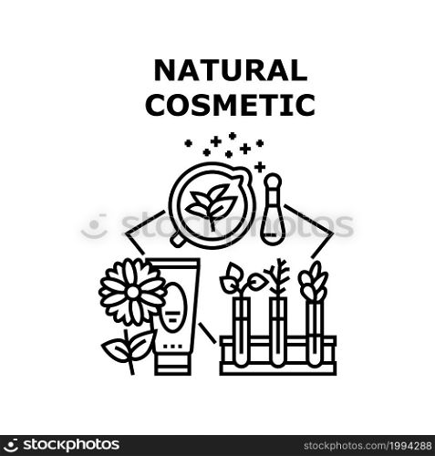 Natural Cosmetic Vector Icon Concept. Natural Cosmetic Prepared From Eco Clean Vitamin Ingredient, Aromatic Flower And Growing Nature Plant For Preparing Bio Cosmetology Product Black Illustration. Natural Cosmetic Vector Concept Black Illustration