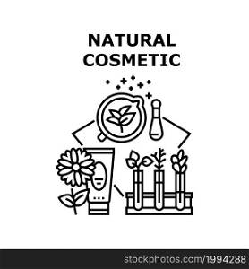Natural Cosmetic Vector Icon Concept. Natural Cosmetic Prepared From Eco Clean Vitamin Ingredient, Aromatic Flower And Growing Nature Plant For Preparing Bio Cosmetology Product Black Illustration. Natural Cosmetic Vector Concept Black Illustration