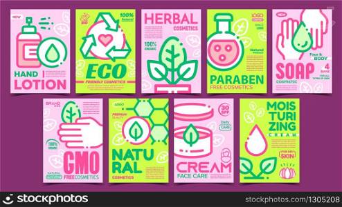 Natural Cosmetics Advertising Posters Set Vector. Eco Friendly And Herbal, Paraben And Gmo Free Cosmetics. Package With Hygiene Skincare Cream Concept Template Stylish Color Illustrations. Natural Cosmetics Advertising Posters Set Vector