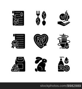 Natural cosmetics black glyph icons set on white space. Cruelty free. Contemporary beauty industry problems. Dermatologically tested treatment. Silhouette symbols. Vector isolated illustration. Natural cosmetics black glyph icons set on white space