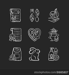 Natural cosmetics chalk white icons set on black background. Cruelty free. Contemporary beauty industry problems. Dermatologically tested treatment. Isolated vector chalkboard illustrations. Natural cosmetics chalk white icons set on black background
