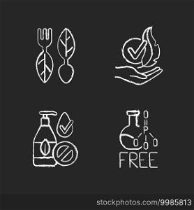 Natural cosmetics chalk white icons set on black background. Phosphate free. Vegan cosmetics. Silicone free conditioners. Hypoallergic beauty treatment. Isolated vector chalkboard illustrations. Natural cosmetics chalk white icons set on black background