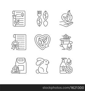 Natural cosmetics linear icons set. Cruelty free. Contemporary beauty industry problems. Customizable thin line contour symbols. Isolated vector outline illustrations. Editable stroke. Natural cosmetics linear icons set