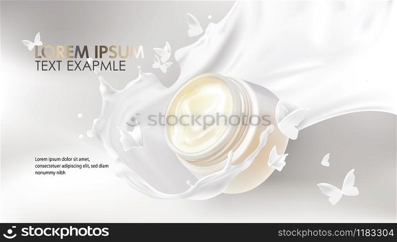 Natural cosmetics realistic vector background. Open jar with organic cosmetic cream falling in milk splash and white liquid flying butterflies silhouettes. Mock up promo banner, concept ad poster. Concept poster for organic natural cream