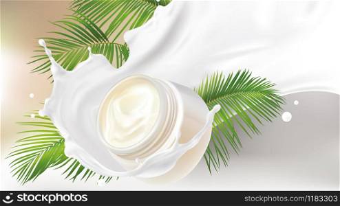 Natural cosmetics realistic vector background. White jar with organic cosmetic cream falling in milk splash and tropic green palm leaves. Mock up promo banner, concept poster for eco products. Natural cosmetics realistic vector background