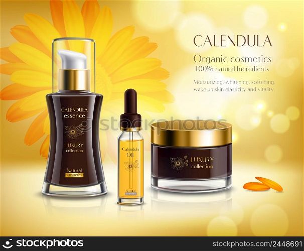 Natural cosmetics skincare products realistic advertisement poster with calendula extract cream and oil bright background vector illustration . Cosmetics Products Realistic Advertisement Poster