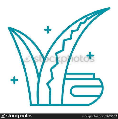 Natural cosmetics with organic ingredients, isolated aloe vera leaf with tube or jar with cream. Cleansing and care for face or body skin, moisturizing effect. Line art, simple vector in flat style. Aloe vera natural ingredient in cosmetics vector