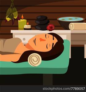 Natural cosmetology flat background with young woman lying on massage bed in spa salon near aroma candles and stones vector illustration. Natural Cosmetology Background