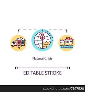 Natural crisis concept icon. Environmental emergencies and disasters idea thin line illustration. Climate change, flood and earthquake. Vector isolated outline RGB color drawing. Editable stroke