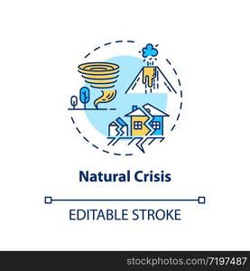 Natural crisis concept icon. Environmental issues, ecological disaster idea thin line illustration. Tornado, earthquake, volcano eruption. Vector isolated outline RGB color drawing. Editable stroke