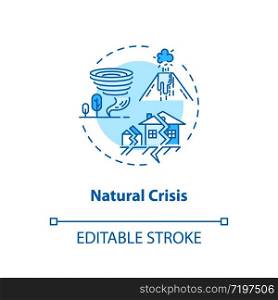 Natural crisis concept icon. Environmental issues, ecological disaster idea thin line illustration. Tornado, earthquake, volcano eruption. Vector isolated outline RGB color drawing. Editable stroke