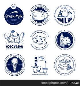 Natural dairy products, farm fresh milk vector hand drawn labels and logos. Label dairy food cheese and butter, illustration of organic dairy product emblem. Natural dairy products, farm fresh milk vector hand drawn labels and logos