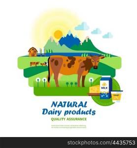 Natural Dairy Products Quality Assurance. Natural dairy products quality assurance with cow on pasture in center of scene vector illustration