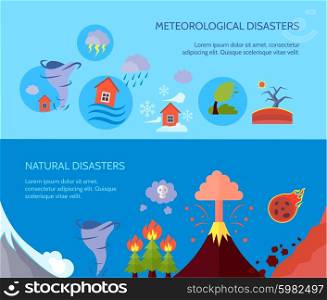 Natural disaster 2 flat banners composition. Meteorological natural disasters 2 banners composition poster with forest fire and tsunami information abstract isolated vector illustration