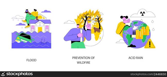 Natural disaster abstract concept vector illustration set. Flood and tropical cyclone and tsunami, prevention of wildfire, acid rain, climate change, firefighting service, rainwater abstract metaphor.. Natural disaster abstract concept vector illustrations.