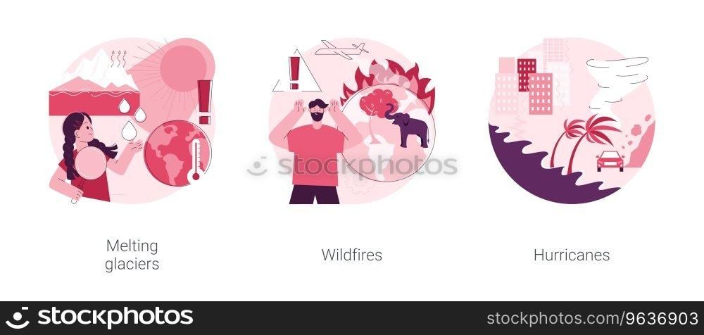 Natural disaster abstract concept vector illustration set. Melting glaciers, wildfires and hurricanes, raising sea level, global warming, forest fires, tropical storm abstract metaphor.. Natural disaster abstract concept vector illustrations.