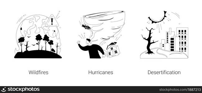Natural disaster abstract concept vector illustration set. Wildfires and hurricanes, desertification and draught, deforestation problem, climate change, global warming, firefighting abstract metaphor.. Natural disaster abstract concept vector illustrations.