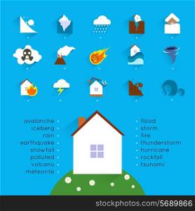 Natural disaster accident concept with danger icons set and house vector illustration