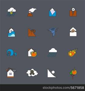 Natural disaster accident environmental catastrophe icons flat line set isolated vector illustration