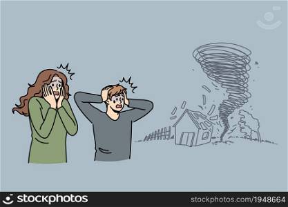 Natural disaster and tornado concept. Sad stressed frightened man and woman standing looking at coming storm and damaged house and feeling despair vector illustration. Natural disaster and tornado concept.