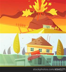 Natural Disaster Banners. Color cartoon horizontal banners depicting natural disaster flood and volcano disaster vector illustration