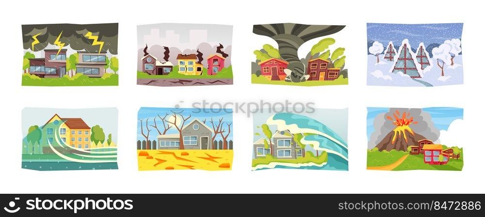 Natural disaster. Cartoon scenes with extreme weather conditions, natural cataclysm. Vector hurricane and flood set disaster apocalypse environment. Natural disaster. Cartoon scenes with extreme weather conditions, natural cataclysm. Vector hurricane and flood set