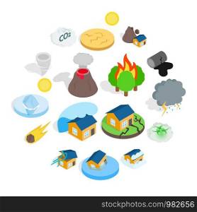 Natural disaster catastrophe icons set in isometric 3d style. Vector illustration. Natural disaster catastrophe icons set