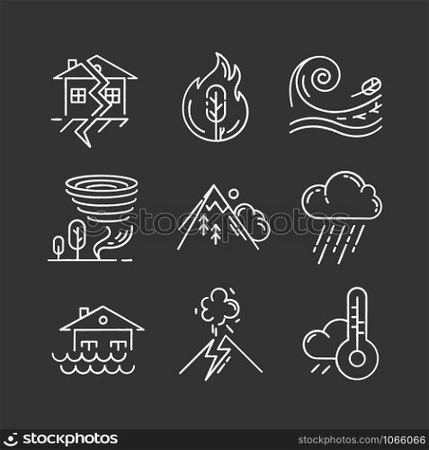 Natural disaster chalk icons set. Environmental hazards. Earthquake, wildfire, tsunami, tornado, avalanche, flood, downpour, volcanic eruption, drought. Isolated vector chalkboard illustrations