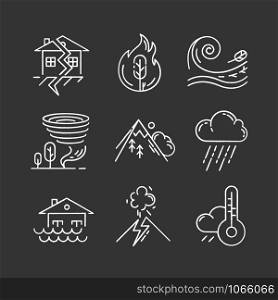 Natural disaster chalk icons set. Environmental hazards. Earthquake, wildfire, tsunami, tornado, avalanche, flood, downpour, volcanic eruption, drought. Isolated vector chalkboard illustrations
