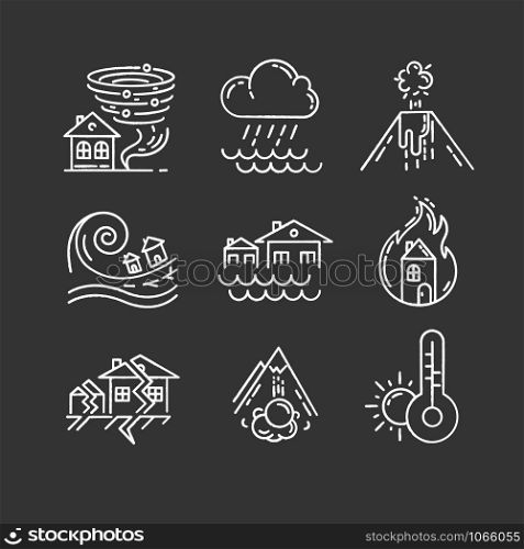 Natural disaster chalk icons set. Geological, atmospheric catastrophes. Earthquake, wildfire, tsunami, tornado, avalanche, flood, downpour, volcanic eruption. Isolated vector chalkboard illustrations
