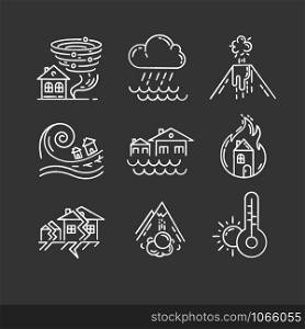 Natural disaster chalk icons set. Geological, atmospheric catastrophes. Earthquake, wildfire, tsunami, tornado, avalanche, flood, downpour, volcanic eruption. Isolated vector chalkboard illustrations