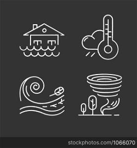 Natural disaster chalk icons set. Geological, atmospheric catastrophes. Weather forecast, flood, tornado, tsunami. Global climate changes danger. Isolated vector chalkboard illustrations