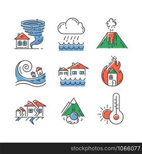 Natural disaster color icons set. Environmental hazards. Earthquake, wildfire, tsunami, tornado, avalanche, flood, downpour, volcanic eruption, drought. Global problem. Isolated vector illustrations