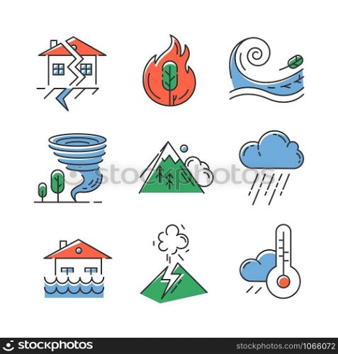 Natural disaster color icons set. Geological and atmospheric catastrophes. Earthquake, wildfire, tsunami, tornado, avalanche, flood, downpour, volcanic eruption. Isolated vector illustrations