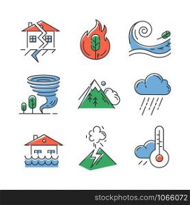 Natural disaster color icons set. Geological and atmospheric catastrophes. Earthquake, wildfire, tsunami, tornado, avalanche, flood, downpour, volcanic eruption. Isolated vector illustrations