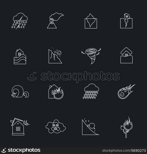 Natural disaster danger outline icons set with tsunami snow thunderstorm isolated vector illustration